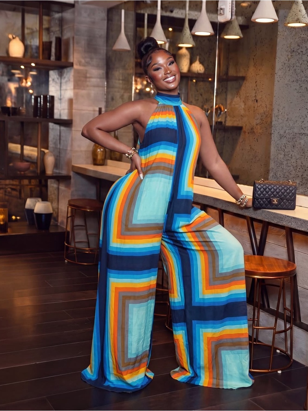Women’s Halter Wide-Leg Jumpsuit in Multi-Color Stripe